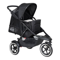 Phil & Teds XL COCOON Soft Carrycot (Black) - quarter view, showing the cocoon fitted onto a buggy (buggy not included)