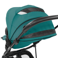 BabyStyle Hybrid Edge 2 Stroller (Lagoon) - rear view, showing the hood`s peek-a-boo and ventilation windows