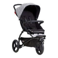 Mountain Buggy Swift - Luxury Collection (Pepita) - quarter view, showing the forward-facing pushchair