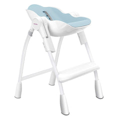 Oribel Cocoon Highchair (Blue) - quarter view, shown here with the seat reclined