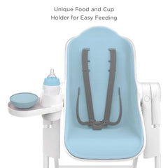 Oribel Cocoon Highchair (Blue) - front view, shown here with the seat upright and the cup holder attached