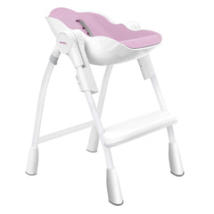 Oribel Cocoon Highchair (Rose Pink) - quarter view, shown here with the seat reclined