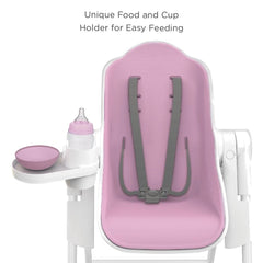 Oribel Cocoon Highchair (Rose Pink) - front view, shown here with the seat upright and the cup holder attached