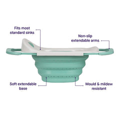 ClevaMama ClevaBath - The Bath Sink (Aqua) - side view, showing some of the bath`s features