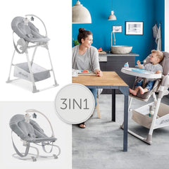 Hauck Sit 'n' Relax Highchair (Stretch Grey) - lifestyle image, showing the chair`s three functions