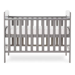 Obaby Grace Mini Cot Bed (Taupe Grey) - side view, shown with the mattress base at its highest level (mattress not included, available separately)