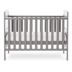 Obaby Grace Mini Cot Bed (Taupe Grey) - side view, shown with the mattress base at its middle level (mattress not included, available separately)