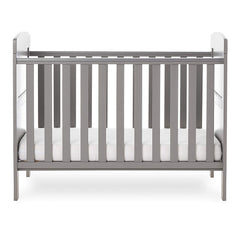 Obaby Grace Mini Cot Bed (Taupe Grey) - side view, shown with the mattress base at its lowest level (mattress not included, available separately)