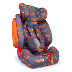 Cosatto Judo Group 123 ISOFIX Car Seat (Mister Fox) - quarter view, showing the anti-escape 5-point safety harness