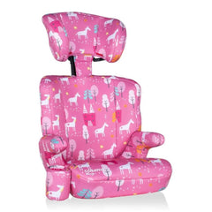 Cosatto Ninja Group 2/3 Car Seat (Candy Unicorn Land) - quarter view, showing the seat with its headrest raised
