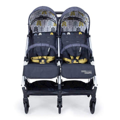 Cosatto Woosh Double Stroller (Fika Forest) - front view, showing the bumper bars and coloured safety harnesses