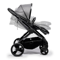iCandy Peach Phantom Pushchair & Carrycot (Dark Grey Twill) - side view, shown forward-facing illustrating the seat`s various positions