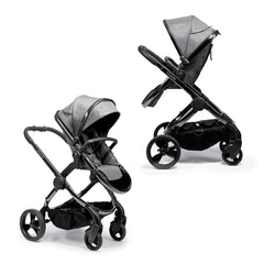 iCandy Peach Phantom Pushchair & Carrycot (Dark Grey Twill) - showing the pushchair in both parent and forward-facing modes with the seat unit shown raised on the elevators