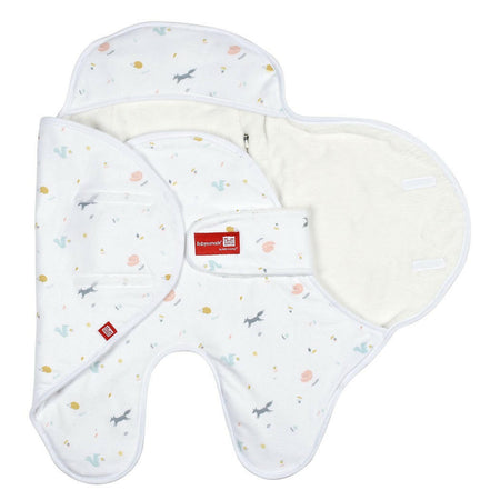 Red Castle Babynomade Double Fleece Blanket (Happy Fox/White) - showing a Babynomade interior and how to wrap baby up
