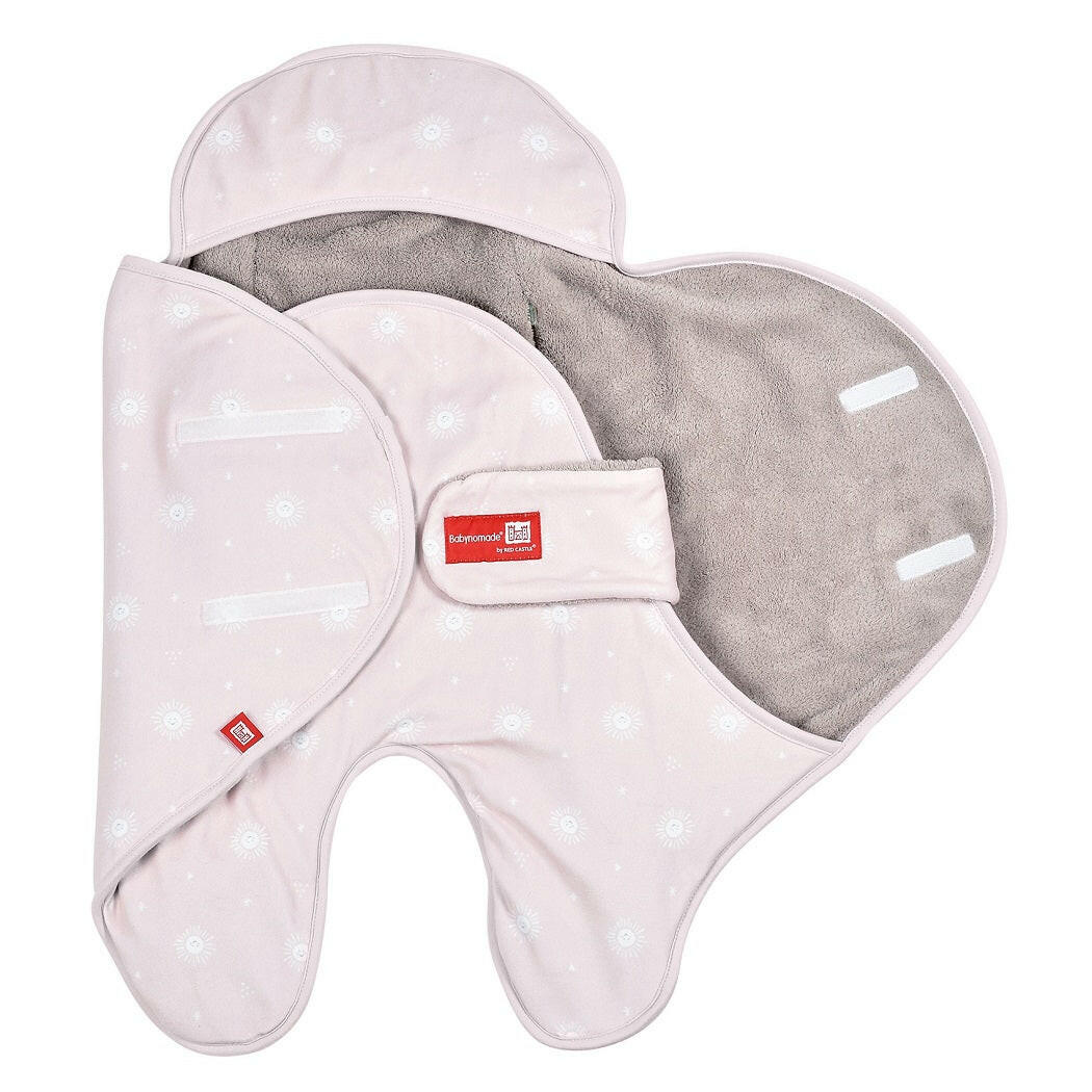 Red Castle Babynomade Double Fleece Blanket (Miss Sunday) - showing a Babynomade interior and how it wraps around baby