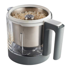 BEABA Babycook Neo (Grey/White) - showing the glass jar with the stainless steel cooking basket with rice