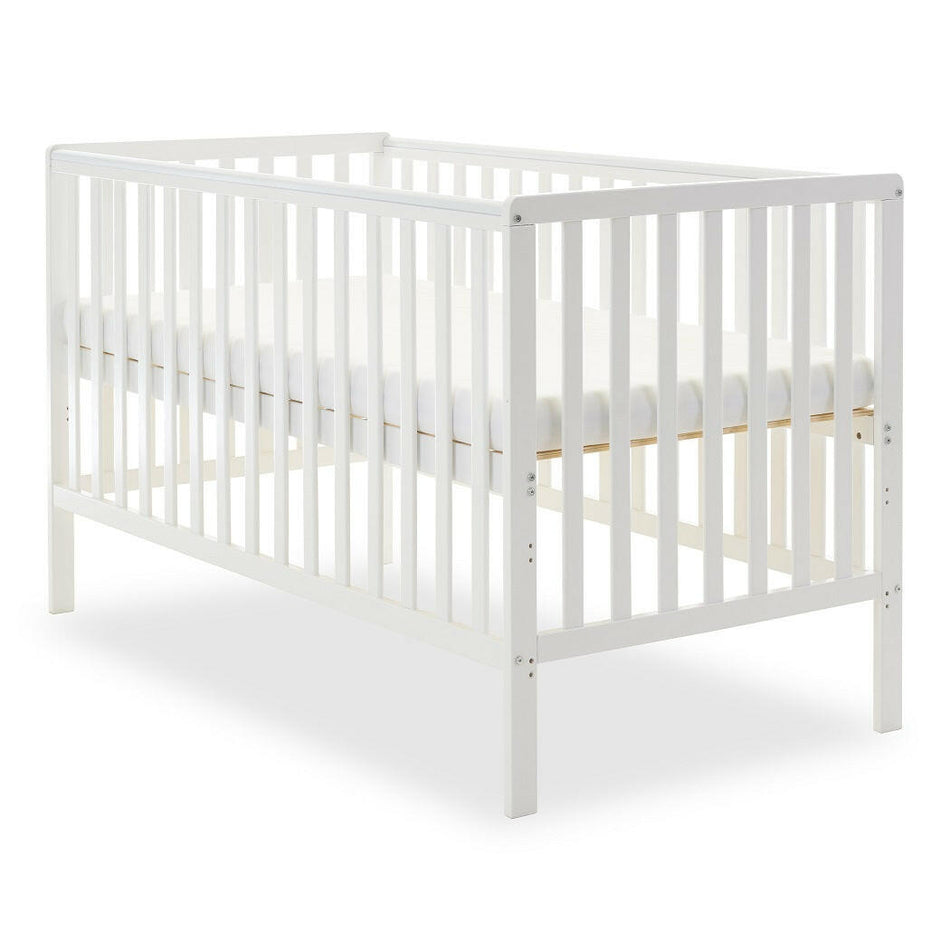 Obaby Bantam Cot Bed (White) - quarter view, showing the mattress base at its highest height (mattress not included, available separately)