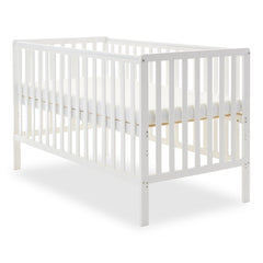 Obaby Bantam Cot Bed (White) - quarter view, showing the mattress base at its highest height (mattress not included, available separately)