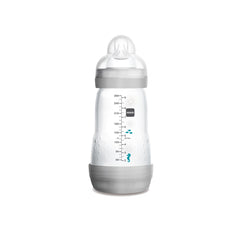 MAM Feed & Soothe Set (Grey) - showing the reverse side of the 260ml bottle with its graduated measuring guide (design may vary)