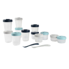 BEABA Baby Food Storage Starter Pack (Storm) - showing the 12 pots with lids and the 2 silicone spoons