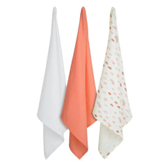 ClevaMama Muslin Cloth Set (Coral) - showing the patterned cloth and the 2 plain cloths
