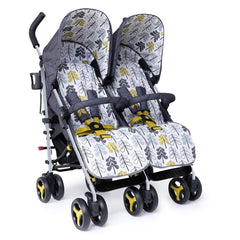 Cosatto Supa Dupa Twin Stroller (Fika Forest) - quarter view, showing the reverse side of the footmuffs which are being used here as seat liners