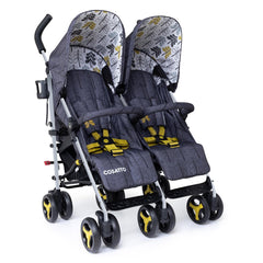 Cosatto Supa Dupa Twin Stroller (Fika Forest) - quarter view, showing the colourful 5-point harnesses