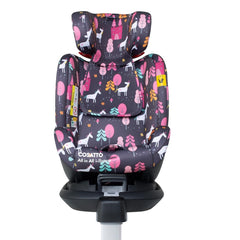 Cosatto All in All i-Rotate ISOFIX Car Seat (Unicorn Land) - front view, shown here without its 5-point safety harness and with the headrest fully raised