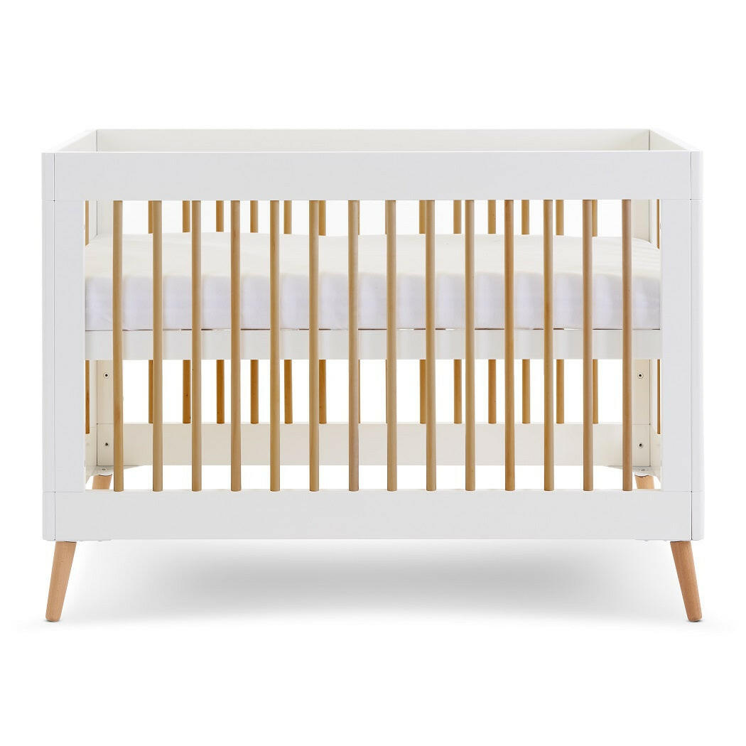 Obaby Maya Mini Cot Bed (White with Natural) - showing the mattress base at its highest level (mattress not included, available separately)