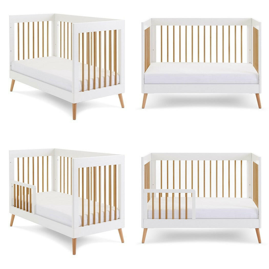 Obaby Maya Mini Cot Bed (White with Natural) - showing the cot bed in various configurations and showing the included safety rails (mattress not included, available separately)