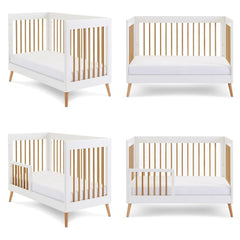 Obaby Maya Mini Cot Bed (White with Natural) - showing the cot bed in various configurations and showing the included safety rails (mattress not included, available separately)