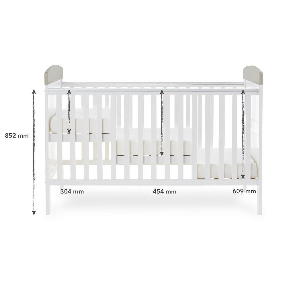 Obaby Grace Inspire Cot Bed (Hello World Koala) - side view, showing the 3 mattress base heights (mattress not included, available separately)