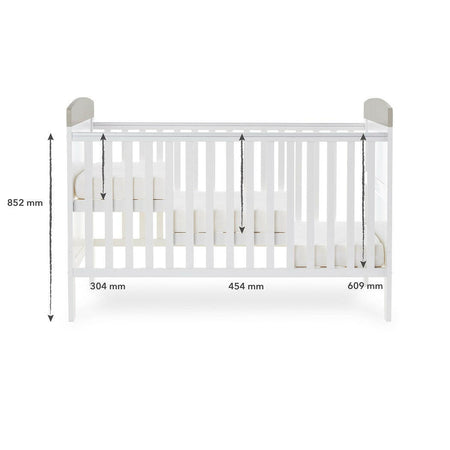 Obaby Grace Inspire Cot Bed (Hello World Koala) - side view, showing the 3 mattress base heights (mattress not included, available separately)