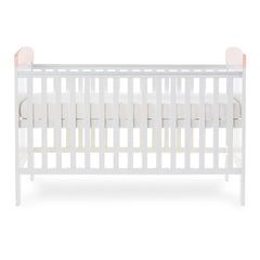 Obaby Grace Inspire Cot Bed (Watercolour Rabbit) - side view, showing the mattress base at its highest level (mattress not included, available separately)