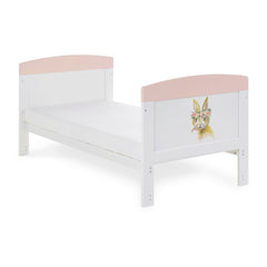 Obaby Grace Inspire Cot Bed (Watercolour Rabbit) - quarter view, shown here as the junior bed (mattress not included, available separately)