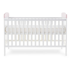 Obaby Grace Inspire Cot Bed (Me & Mini Me Elephants - Pink) - side view, showing the mattress base at its highest level (mattress not included, available separately)
