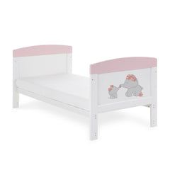 Obaby Grace Inspire Cot Bed (Me & Mini Me Elephants - Pink) - quarter view, shown here as the junior bed (mattress not included, available separately)