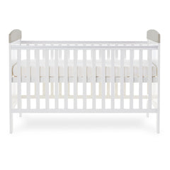 Obaby Grace Inspire Cot Bed (Me & Mini Me Elephants - Grey) - side view, showing the mattress base at its highest level (mattress not included, available separately)
