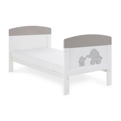 Obaby Grace Inspire Cot Bed (Me & Mini Me Elephants - Grey) - quarter view, shown here as the junior bed (mattress not included, available separately)