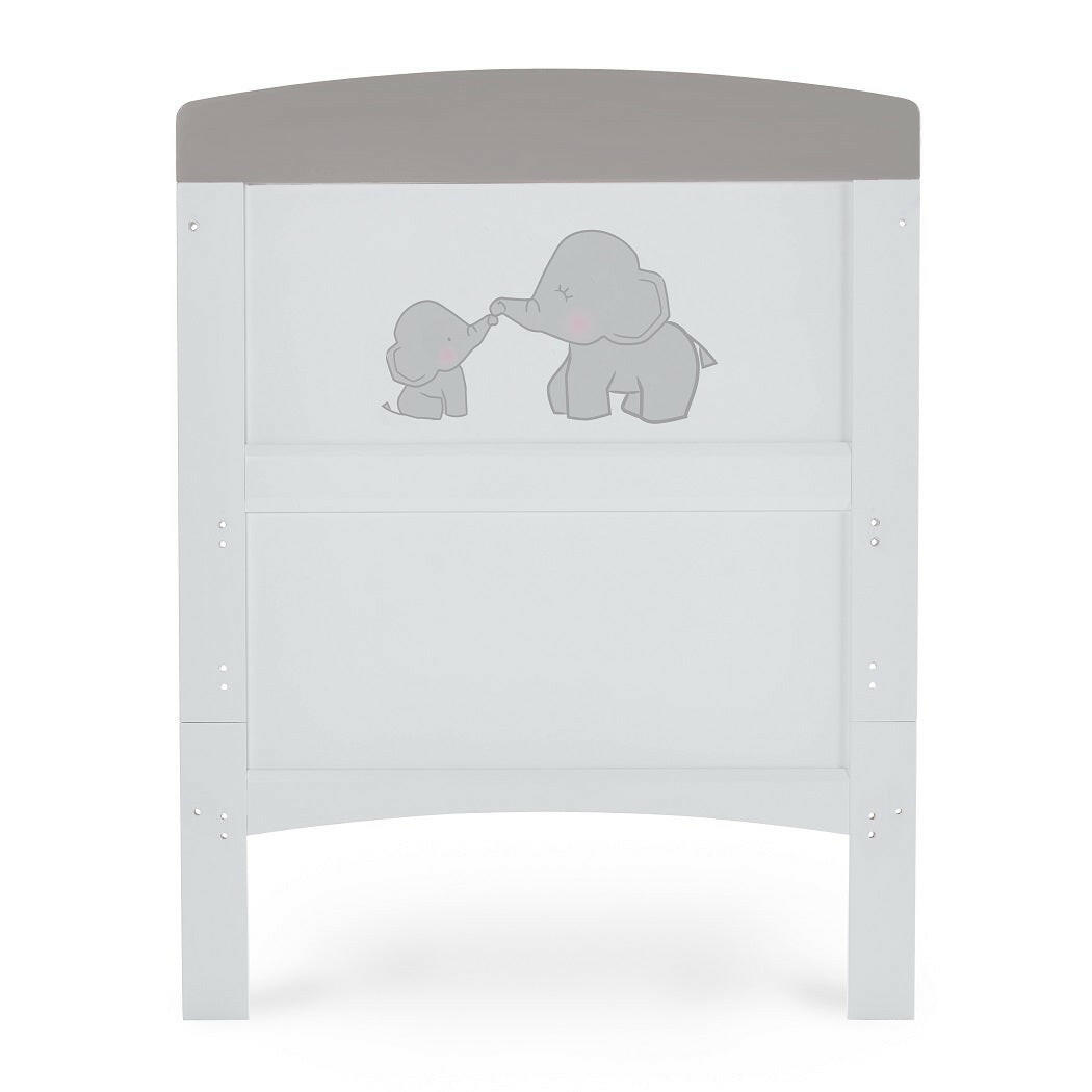 Obaby Grace Inspire Cot Bed (Me & Mini Me Elephants - Grey) - showing the cot bed`s end panel with its elephant illustrations