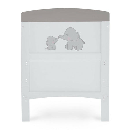 Obaby Grace Inspire Cot Bed (Me & Mini Me Elephants - Grey) - showing the cot bed`s end panel with its elephant illustrations