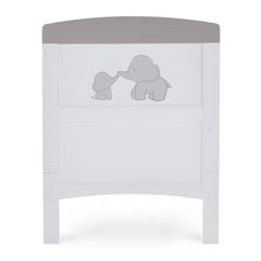 Obaby Grace Inspire Cot Bed (Me & Mini Me Elephants - Grey) - showing the cot bed`s end panel with its elephant illustrations