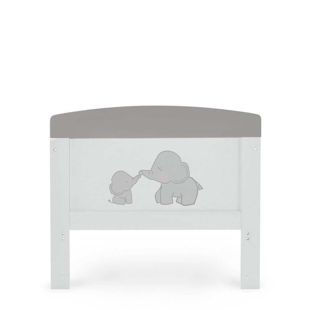 Obaby Grace Inspire Cot Bed (Me & Mini Me Elephants - Grey) - showing the junior bed`s end panel with its elephant illustrations