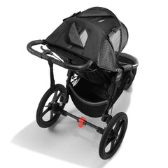 Baby Jogger Summit X3 Jogging Stroller (Midnight Black) - rear view, showing the ventilation and viewing panels in the extendable hood