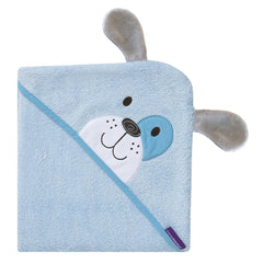 ClevaMama Bamboo Apron Baby Bath Towel - Patch The Puppy (Blue) - showing the puppy character on the hood