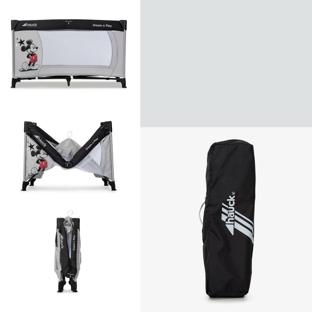Hauck Dream n Play Travel Cot (Disney - Mickey Stars) - showing it assembled, folded and stored in its carry bag