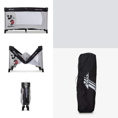 Hauck Dream n Play Travel Cot (Disney - Mickey Stars) - showing it assembled, folded and stored in its carry bag