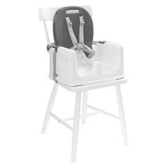 MyChild Graze 3-in-1 Highchair (Grey) - quarter view, showing the seat unit attached to a dining chair