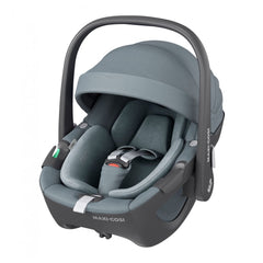 Maxi-Cosi Pebble 360 (Essential Grey) - quarter view, showing the seat with its protective sun canopy raised