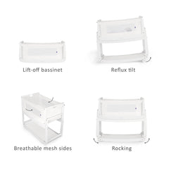 SnuzPod⁴ Bedside Crib 3-in-1 (White) - graphic showing some of the crib`s functions